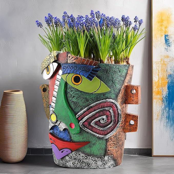 Picasso Flower Pot Colorful Face Art Abstract Resin Flower Pot Unique Face Flower Pot Head Planter for Indoor Outdoor Plants Patio Home Art Decoration (Frown)