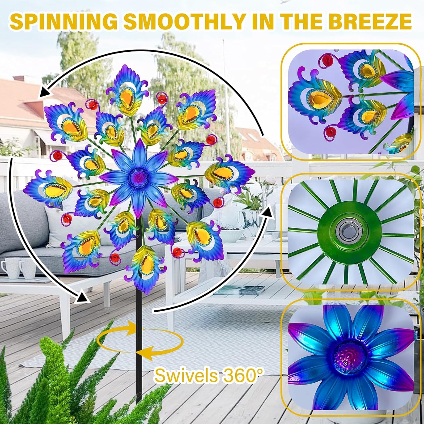 45" Feathers Wind Spinners for Yard and Garden, 16pcs Peacock Feathers Kinetic Outdoor Decor, Wind Sculpture Yard Art Decorations for Patio, Lawn