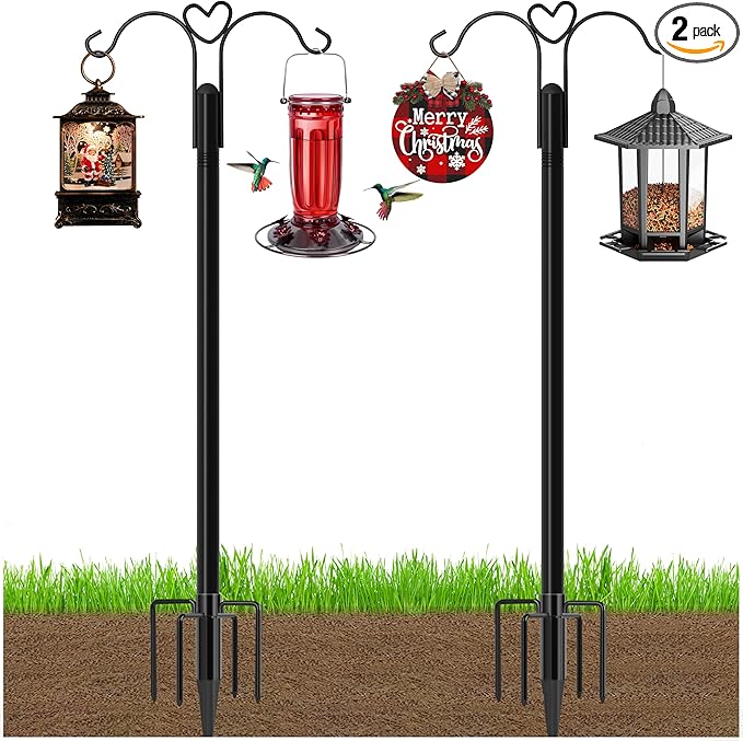 Ottsuls Bird Feeder Pole, 2 Pack 108 INCH Double Shepherds Hooks for Outdoor, with 5 Base Prongs Heavy Duty Tall Garden Planter Hooks for Hanging Flower Basket, Lantern, Hummingbird Feeder