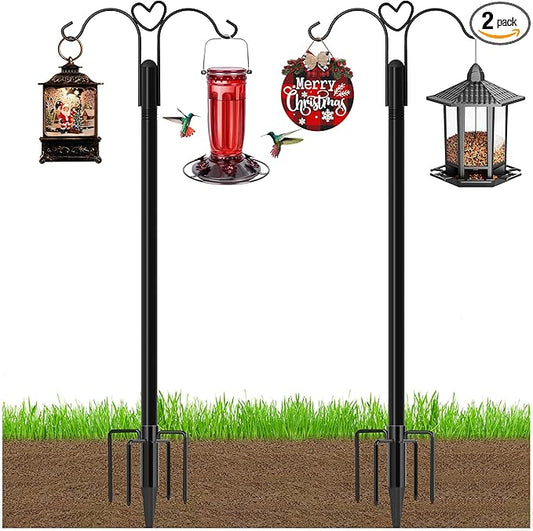 Ottsuls Bird Feeder Pole, 2 Pack 108 INCH Double Shepherds Hooks for Outdoor, with 5 Base Prongs Heavy Duty Tall Garden Planter Hooks for Hanging Flower Basket, Lantern, Hummingbird Feeder