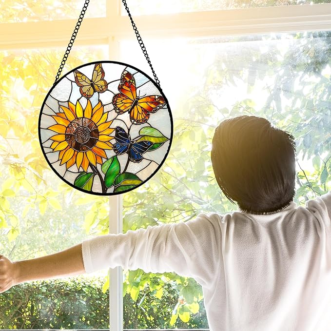 Stained Glass Window Hanging, Butterfly and Sunflowers Sun Catchers Glass Panel Plant Insects Suncatcher Decor for Birthday for Women, Men, Wife, Aunt, and Mom 11.8x11.8 in