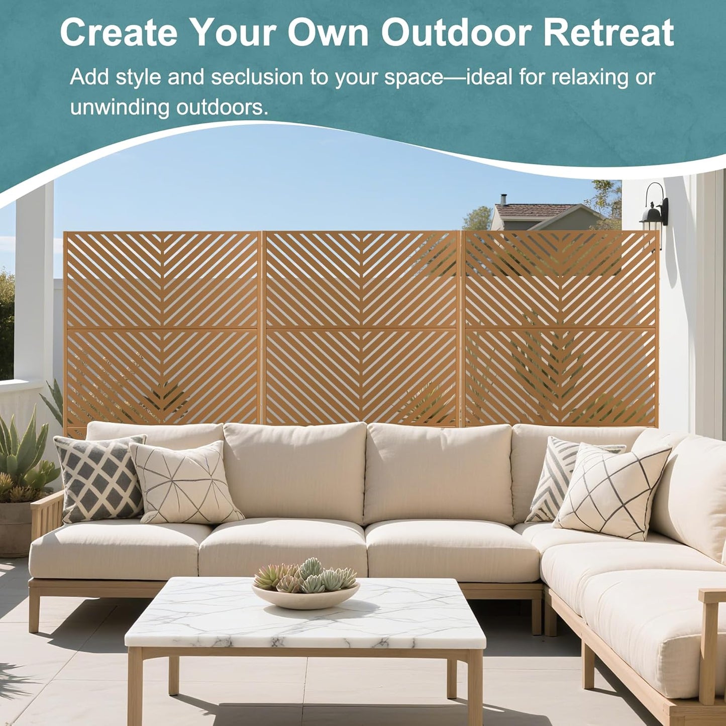 Metal Privacy Screen Outdoor Freestanding Privacy Wall Panels and Decorative Patio Dividers,Crafted from Steel with Sun-Proof Design, Ideal for Patio, Deck, Garden,72" H×47" L,（Brown&Parallel