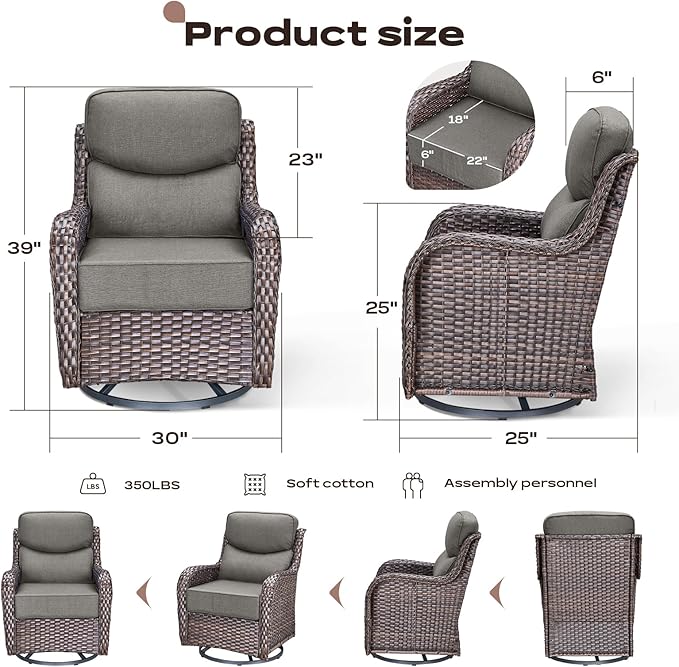 Rilyson Outdoor Patio Swivel Rocker Chairs Set of 2, Waterproof Wicker, High Back, Deep Seating, Wide Armrest, Upgraded 6 inch Thick Cushions, Ideal for Deck Porch Backyard, Brown/Grey