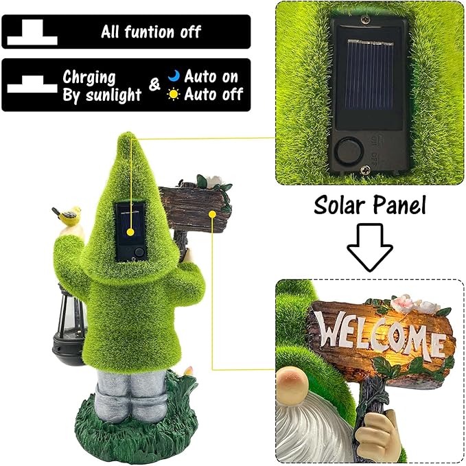 Lovinland Garden Gnome Statue Outdoor Decor Large Flocked Resin Gnome Figurine with Solar Light Holding Lantern Welcome Sign Garden Yard Decorations Dwarf Sculpture for Outside Patio Porch Lawn Decor