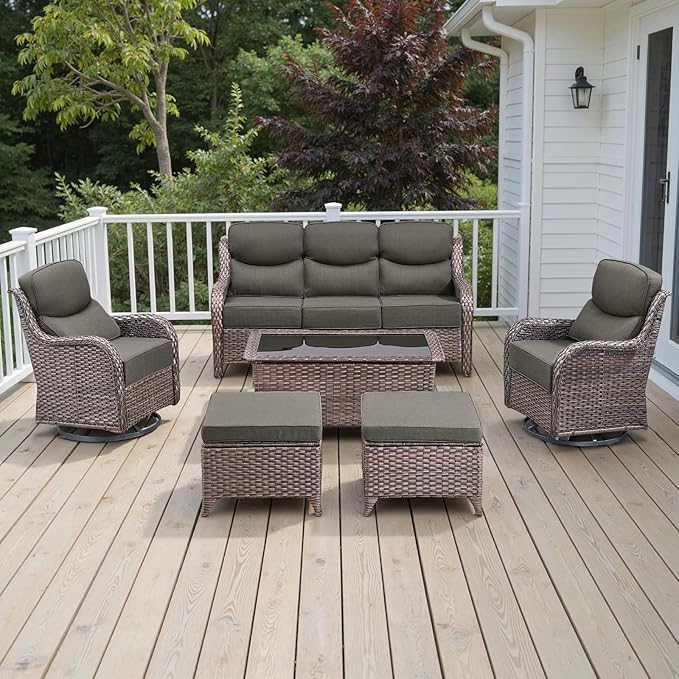 Rilyson Wicker Outdoor Patio Furniture Set - 6 Piece Patio Conversation Sets with Swivel Rocker Chairs, Ottomans, Sofa and Coffee Table, 6 inch Cushions, Deep Seating, for Porch Deck Brown/Grey