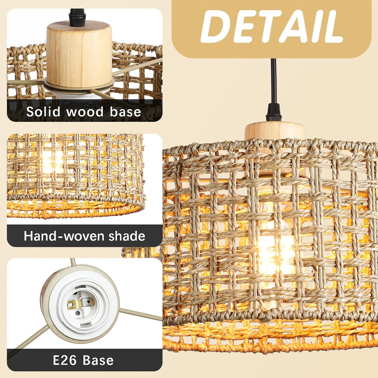 Hand-Woven Rattan Pendant Light, 11.8" Bohemian 1-Light Natural Wicker Hanging Lighting Fixture Ceiling Farmhouse Basket Hanging Lamp Chandelier for Kitchen Island, Living Dining Room