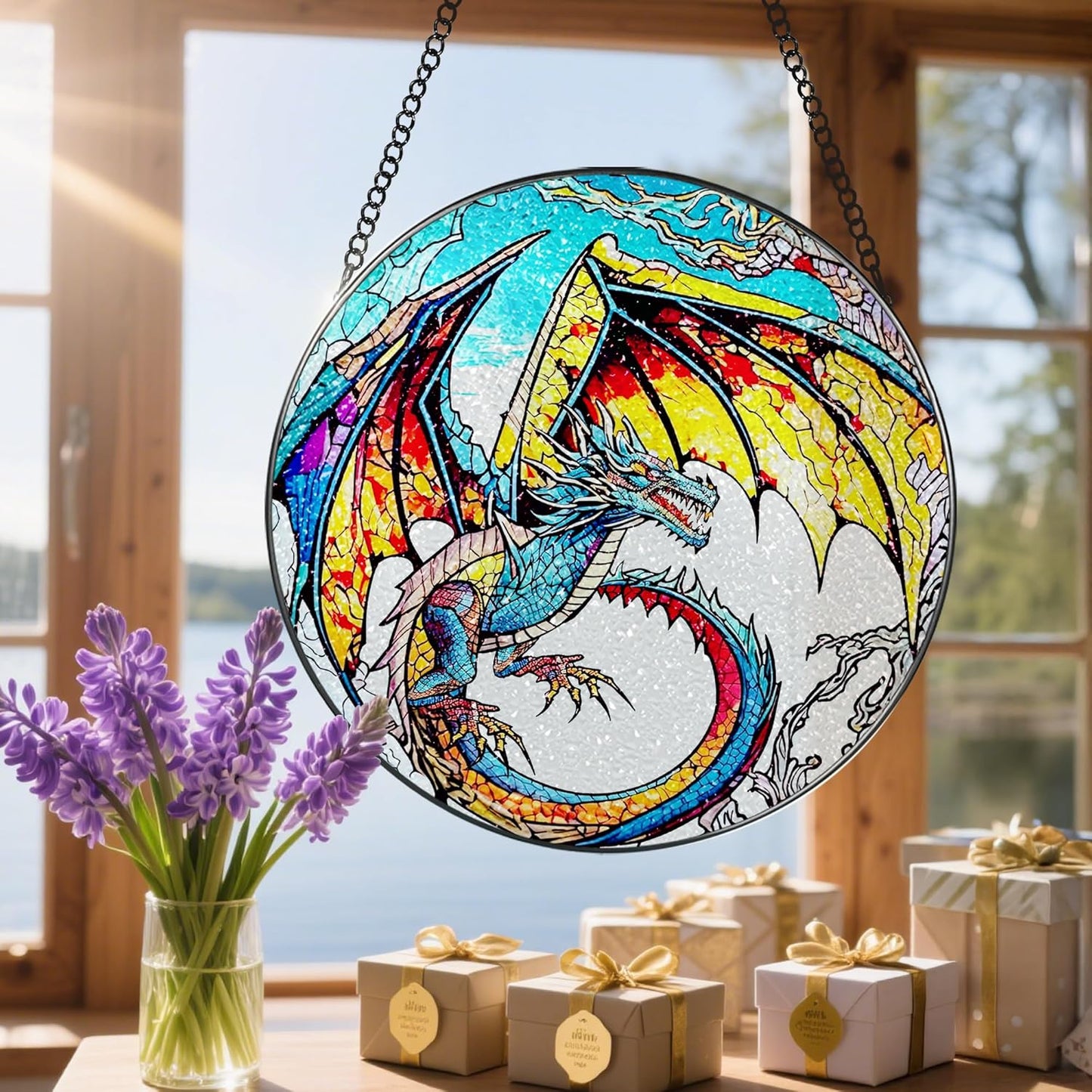 Stained Glass Window Hanging, Stained Glass Suncatcher, Dragon Sun Catcher, Window Decor, Dragon Lover Gift, Gifts for Fathers Day, Christmas or Birthday Gift, Gifts for Him Dad Grandfather Son