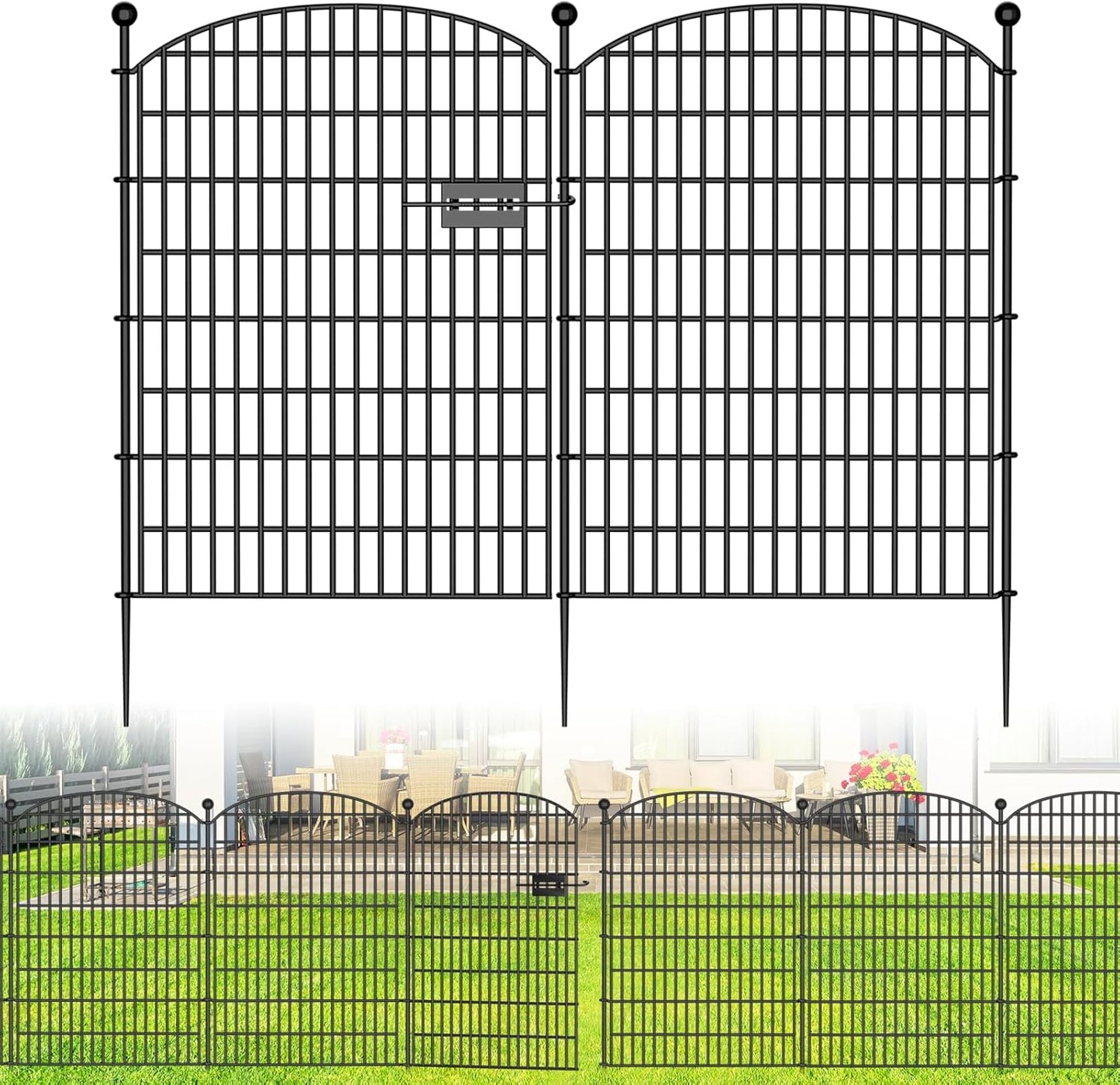 No Dig Decorative Garden Fence 5 Panels with Gate, 40 in (H) x 11.8 ft (L), Dog Fence Outdoor for Yard，Rustproof Metal Animal Barrier Ground Stakes Fencing for Garden, Patio, Flower Bed