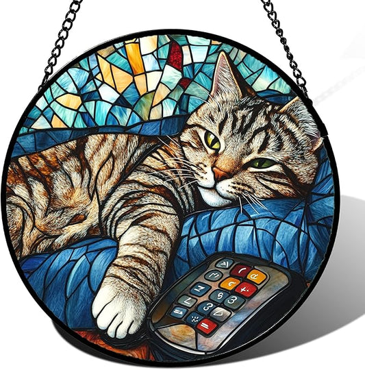 Stained Glass Window Hanging Gray Cat and Remote Control 9.8" - Suncatcher Door Garden Kitchen Sun Catcher Home Decor Birthday for Lost Pets Mom Men Woman Friend Grandma