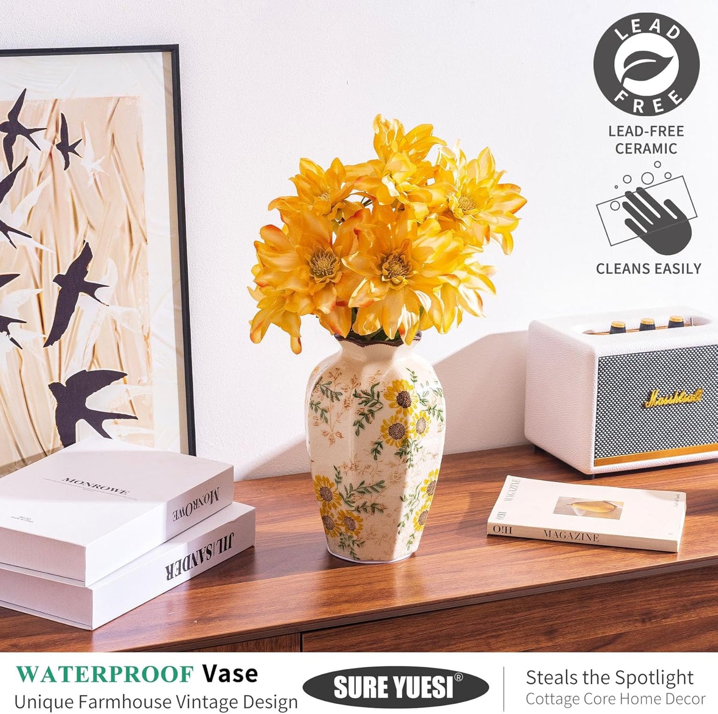 Hand-Painted Sunflower Vintage Ceramic Octagonal Vase, Green Yellow Beige Flower Vases for Bouquet, Fireplace Mantle, Table Centerpieces, Bookshelf, Office, Chinoiserie Floral Home Decorations 9.1 in