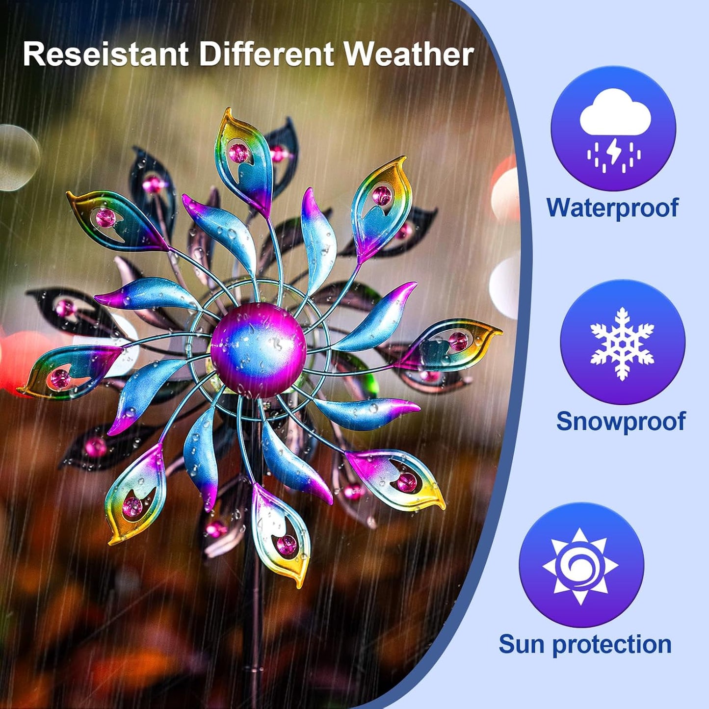 360°Peacock Solar Wind Spinner with Lights Blue Metal Garden Outdoor Decor Yard Lawn Art Decor for Patio Kinetic Windmills Unique Gifts for Friends and Family 51.9' H x 12.2'' Dia
