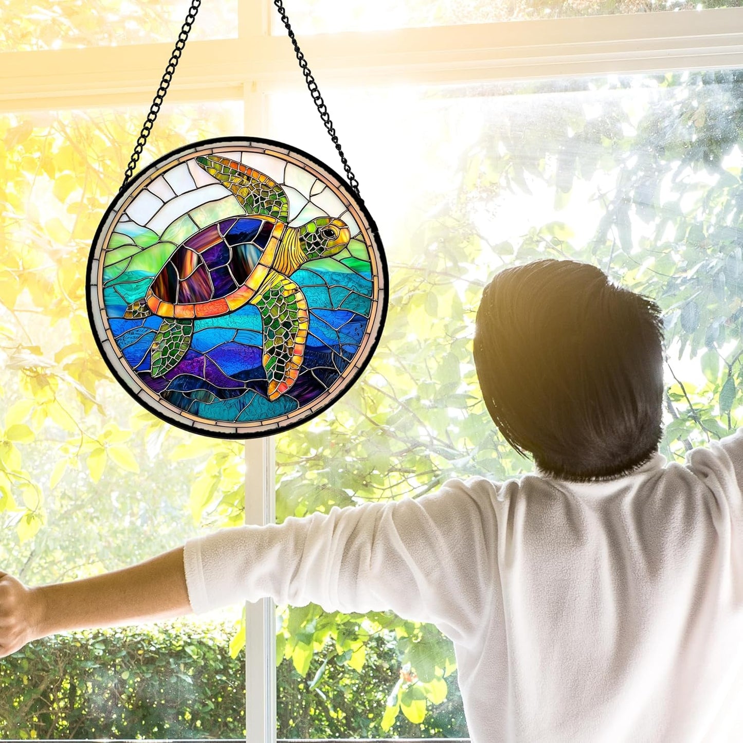 Stained Glass Window Hanging, Colored Turtle Ocean Suncatcher Diamond Glass Panel Hangings Marine Life Sun Catchers Decor for Birthday for Women, Men, Wife, Aunt, Mom 9.8 in