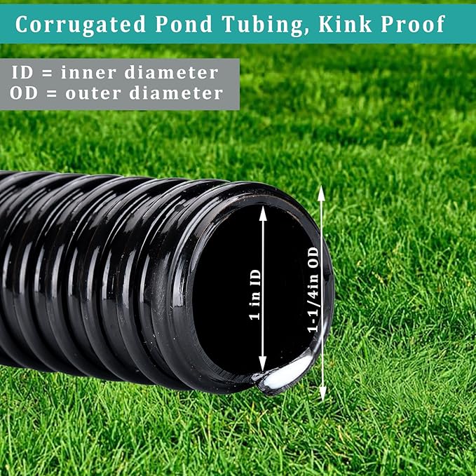 Pond Hose ID 1” × 10ft Black Corrugated Flexible Reinforced PVC Hose Vinyl Tubing for Pond Pump Fountain Garden Waterfall, Non-toxic & Kinkproof, with 2 clamps