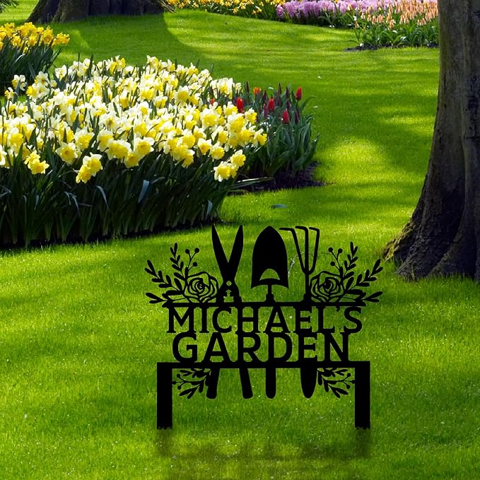 Custom Metal Garden Tools Sign with Stakes, Personalized Garden Name Sign, Yard Art, Patio Decorations, New Home Gift, Garden Decorative, Gardening Tools Sign for Outdoor, Large Housewarming Gift