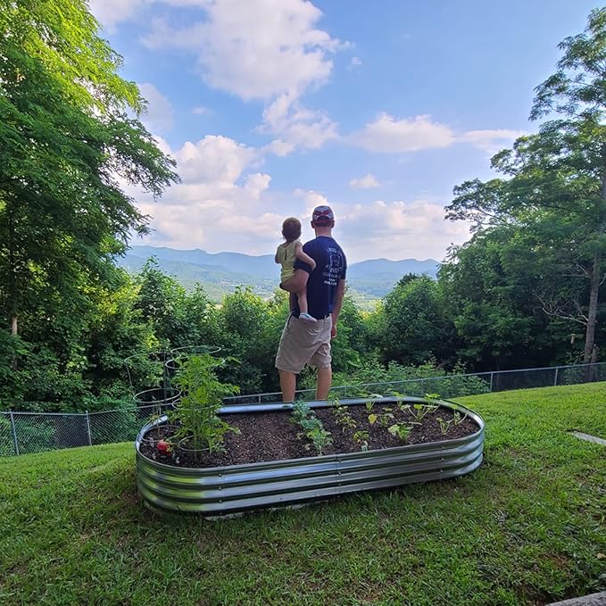 Raised Garden Bed Galvanized Planter Box Outdoor, 5ft Oval Large Rot-Resistant Metal Garden Bed Planter for Vegetables Flower Herb (Silver)