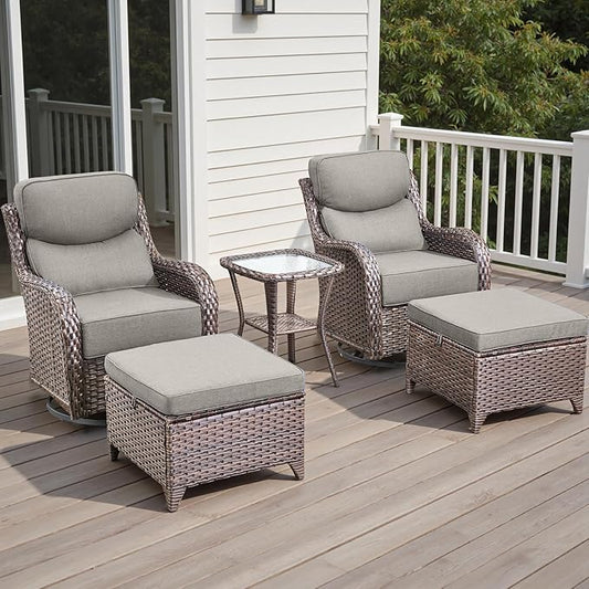 Rilyson Wicker Outdoor Patio Furniture Set - 5 Piece Patio Conversation Sets with Swivel Rocker Chairs, Ottomans and Side Table, 6 inch Cushions, Waterproof Wicker, for Porch Deck Brown/Beige