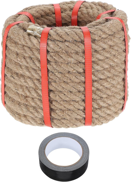 MECCANIXITY Jute Rope 0.7 Inch x 49ft, Thick Twine Rope Ropes Braided Jute Twine Natural Brown Burlap Cord String Heavy Twisted with Tape for Decorative Crafts Railing Swing Tug of War