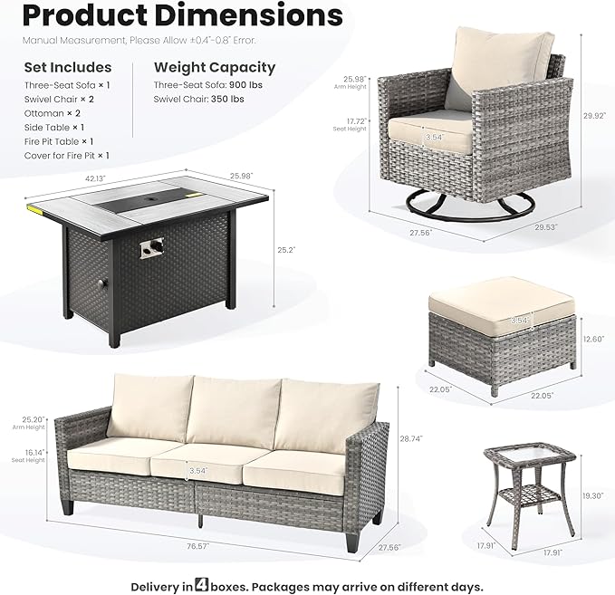 ovios 7 Pieces Patio Furniture Set with 42" Fire Pit Table, Outdoor Wicker Sofa with Swivel Chairs, All Weather High Back Rattan Couch Conversation Set, Beige