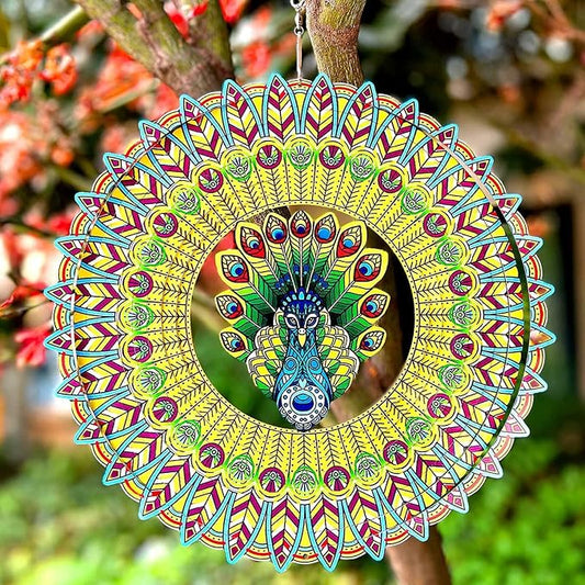 Wind Spinner Colorful Peacock 12 inch 3D Stainless Steel Laser Cut Metal Double Sided Printing-Hanging Indoor/Outdoor Decorations Yard Gardening Decor,Metal Kinetic Art Ornament Gifts