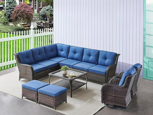 HUMMUH 9 Piece Patio Furniture PE Wikcer Outdoor Furniture Set with Sectional Sofa Swivel Patio Chairs Ottomans and Glass Coffee Table for Yard,Garden,Lawn