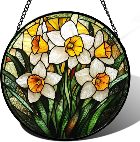 Stained Glass Window Hanging, Yellow and White Daffodils Sun Catcher for Door Home Decor Plants Flowers Suncatcher Christmas Mother's Day Birthday Gifts for Women Men Mom Nana 6.3 in