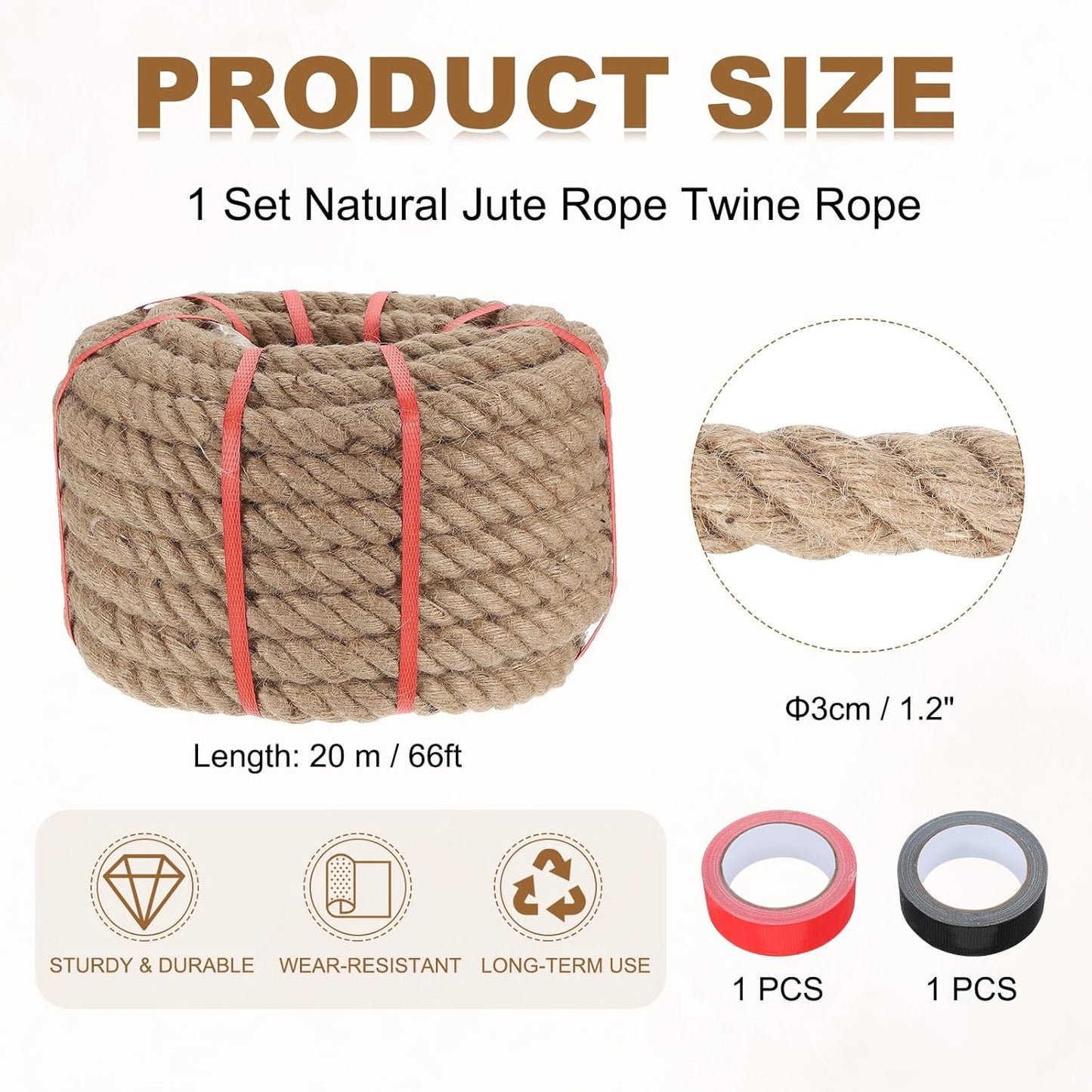 MECCANIXITY Jute Rope 1.2 Inch x 66ft, Thick Twine Rope Ropes Braided Jute Twine Natural Brown Burlap Cord String Heavy Twisted with Tapes for Decorative Crafts Railing Swing Tug of War