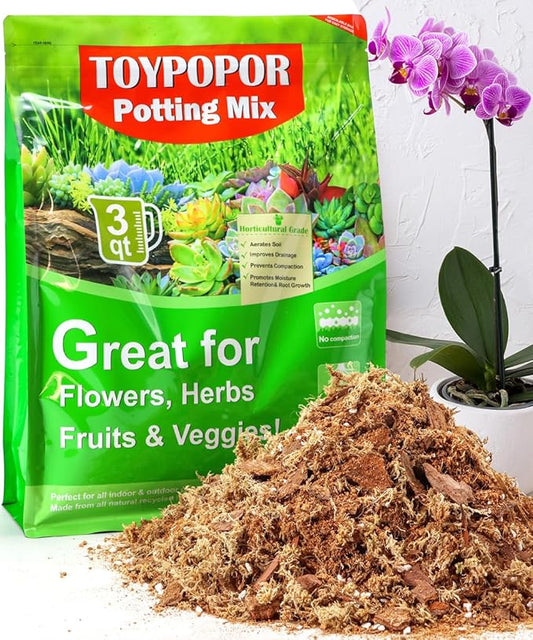 TOYPOPOR Orchid Potting Mix for Repotting (3qts) with Moss Pine Bark Mulch Perlite Stone and Coco Peat Natural Ingredients, Orchid Bark Potting Mix Orchid Repotting Kit Drainage Indoor Potting Medium