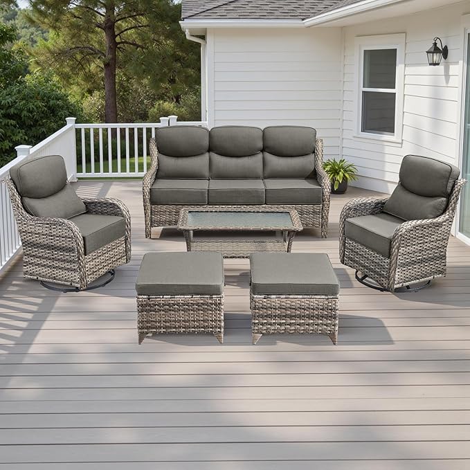 Rilyson Wicker Outdoor Patio Furniture Set - 6 Piece Patio Conversation Sets with Swivel Rocker Chairs, Ottomans, Sofa and Table, 6 inch Cushions, Deep Seating, for Porch Deck Mixed Grey/Grey
