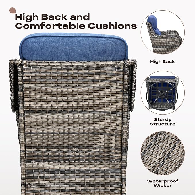 Rilyson Outdoor Patio Swivel Rocker Chairs Set of 2, Waterproof Wicker, High Back, Deep Seating, Wide Armrest, Upgraded 6 inch Thick Cushions, Side Table, Ideal for Deck Porch Yard, Mixed Grey-Blue