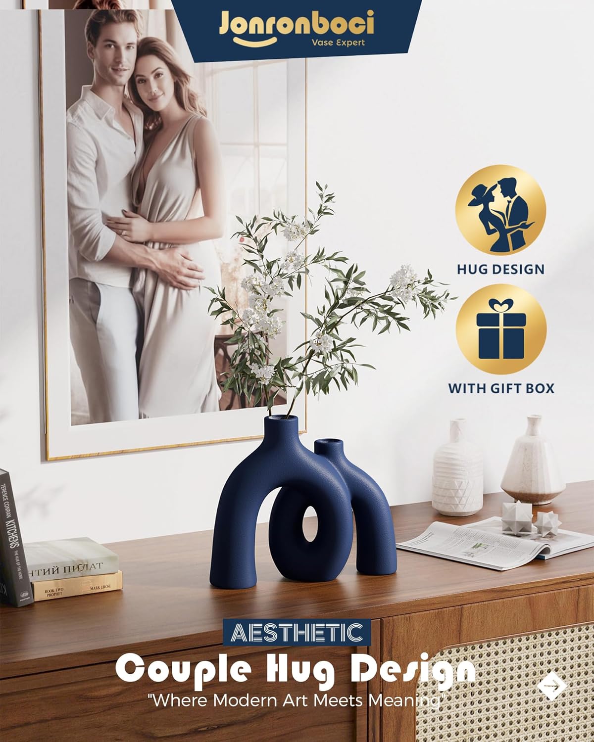 Hug Donut Decorative Vase Set - Navy Blue Vase, Modern Coastal Style Vases Home Decor, Matte Ceramic Decorations for Living Room Shelf, Bookshelf Mantle Entryway Table or Console Décor (Navy Blue)