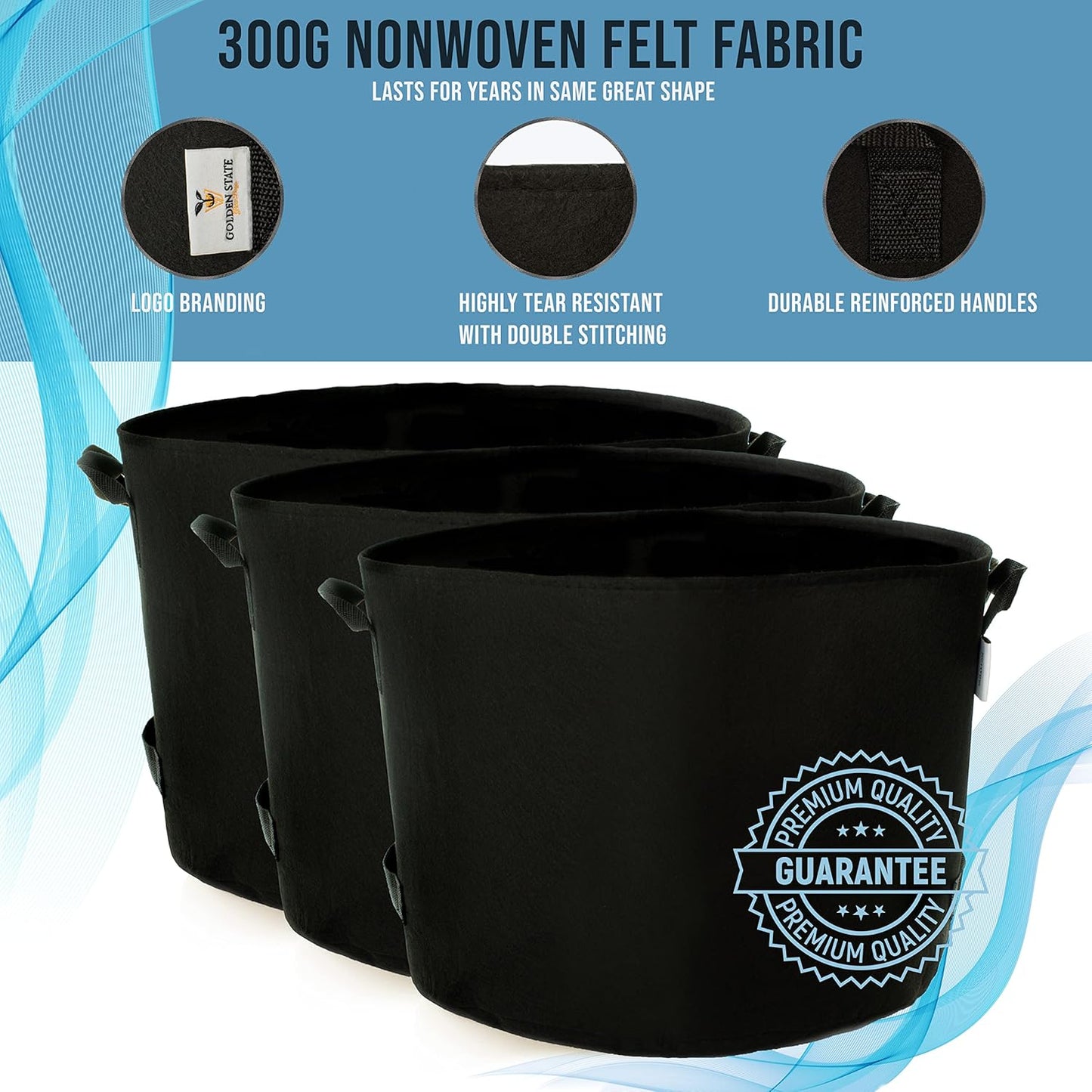 Grow Bags: 5-Pack (Size: 15 Gallon): 300gsm Black Felt Fabric, Biodegradable and eco-Friendly Material. (Handles + Dumping Handles-pat.Pend).
