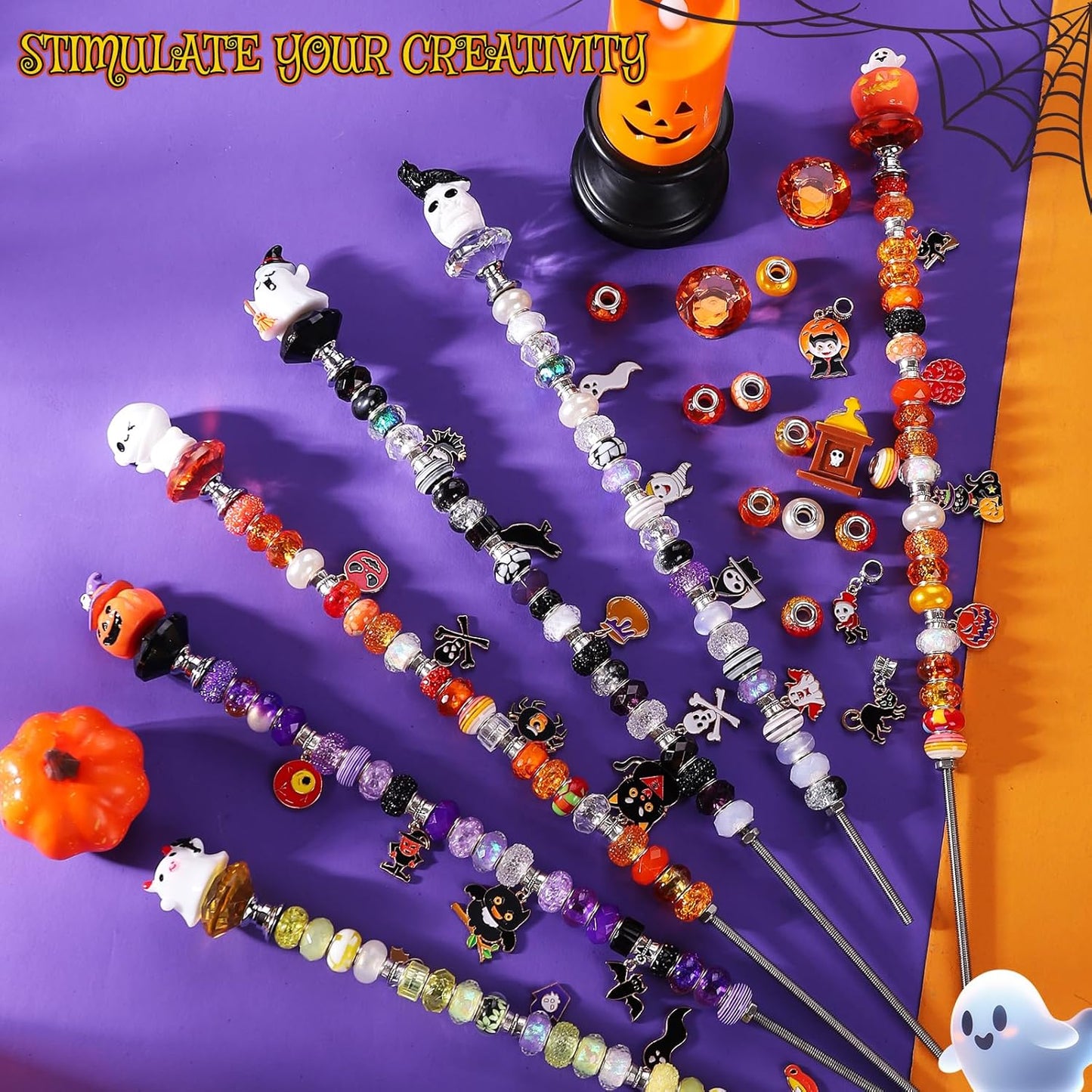 358PCS Halloween Beaded Garden Stakes, DIY Halloween Fairy Wand Garden Stake Decorative Kit with 12 in or 10 in Threaded Rod, Crystal Top, Large Holes Bead, Pendant for Outdoor or Indoor Decoration