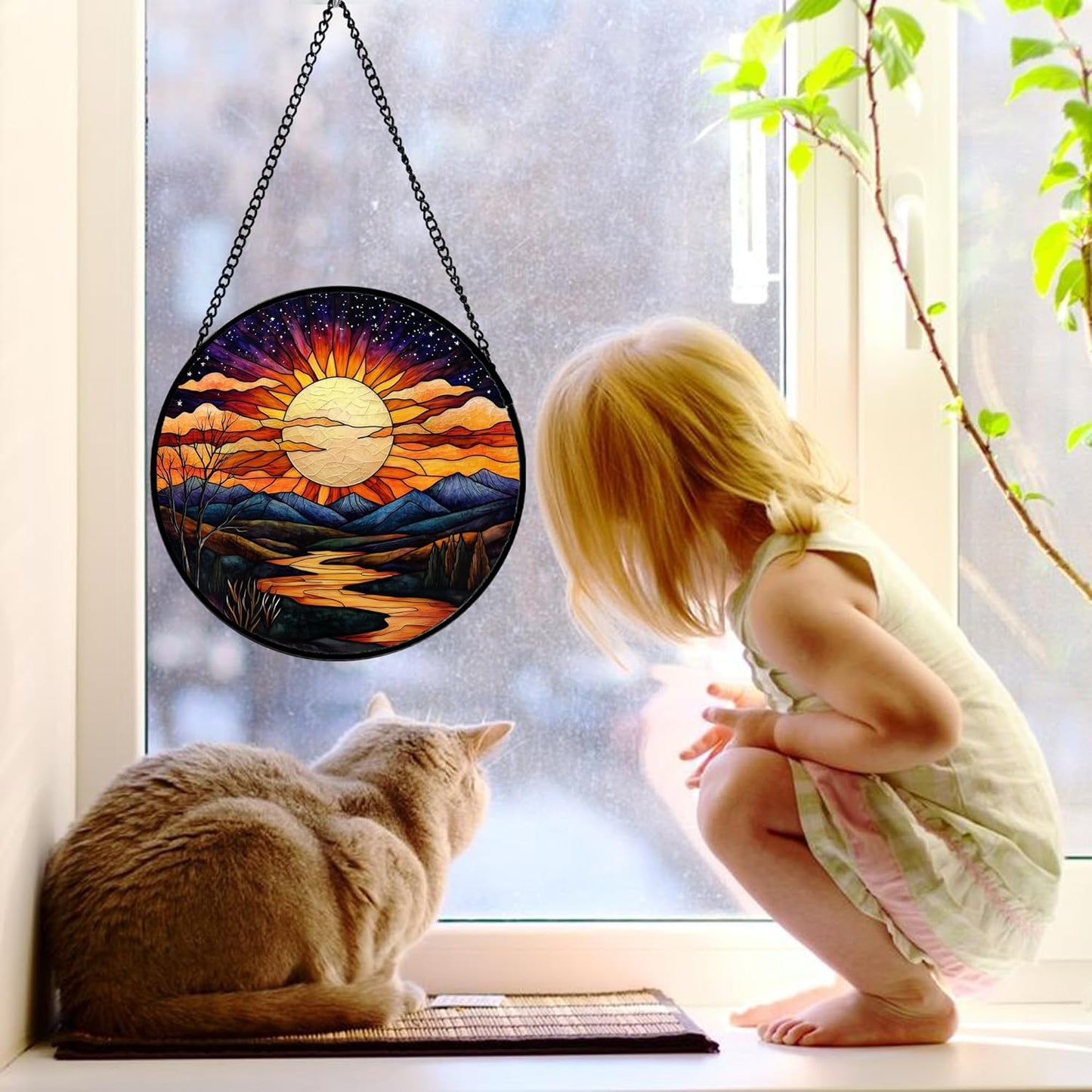 Stained Glass Window Hanging, The Sun Shines Brightly on Lake Sun Catchers Colorful Glass Panel Suncatcher Decor for Birthday for Women, Men, Wife, Lovers, and Mom 9.8 in