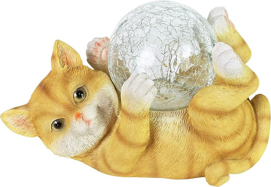 Exhart Garden Sculpture, Solar Cat Garden Statue with LED Light Crackle Ball, Outdoor Garden Decoration, 10.5 x 7.5 Inch, Multicolor, Resin