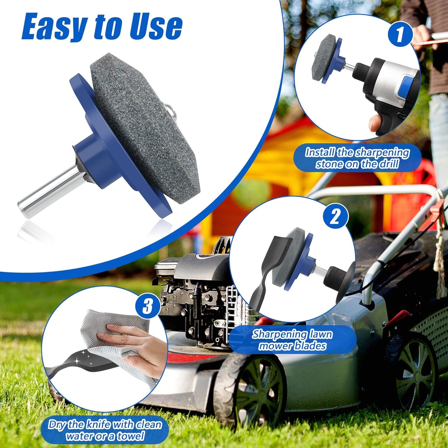 4+1PCS Lawn Mower Blade Sharpener, Universal Lawnmower Blade Sharpener Mower Sharpening Stone with 1PCS Balance Tool for Hand Drill/Power Drill