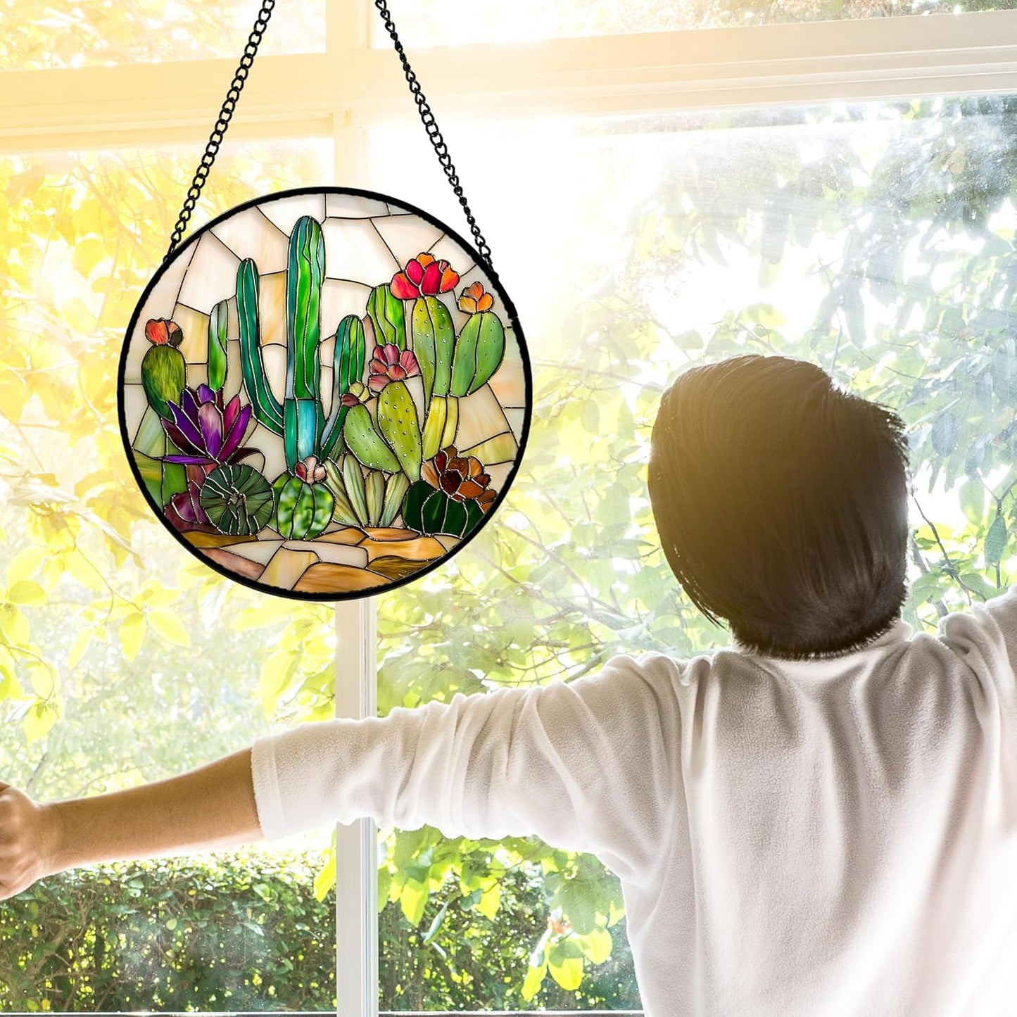 Stained Glass Window Hanging, White Green Cactus Suncatcher Diamond Glass Panel Hangings Sun Catchers Decor for Birthday for Women, Men, Wife, Aunt, and Mom 6.3 in