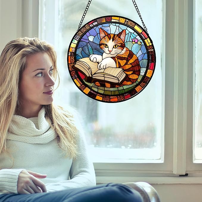 Stained Glass Window Hanging Little Cat Reading Large 15" - Suncatcher Door Garden Kitchen Sunroom Sun Catcher Home Decor Birthday for Lost Pets Mom Grandma Men Woman Friend