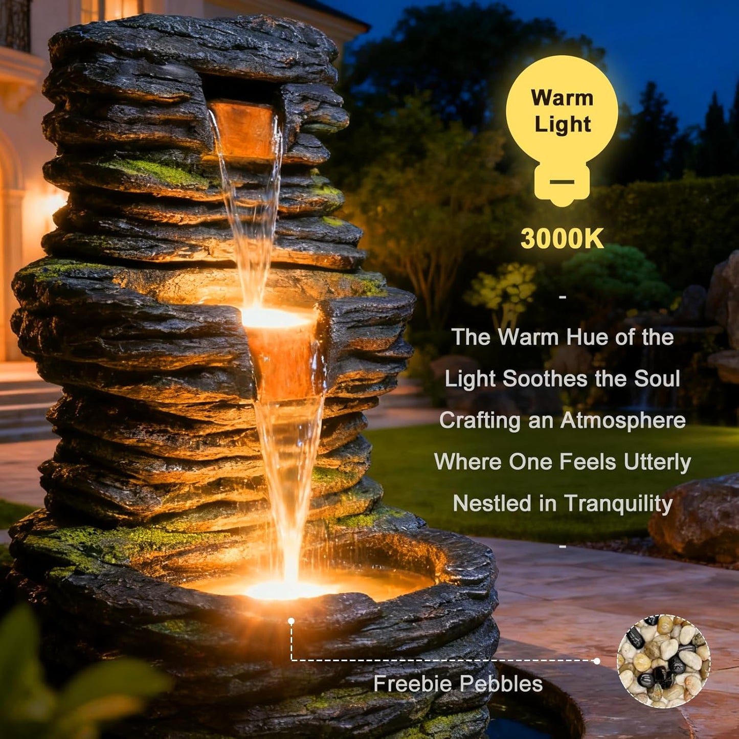 28.8” Tall Rock Water Fountain Outdoor Garden, 3-Tiers Cascading Rock Natural Waterfall Fountains with LED Lights, Indoor Resin Water Feature Fountain for Patio, Garden and Backyard, Deck, Porch, Home