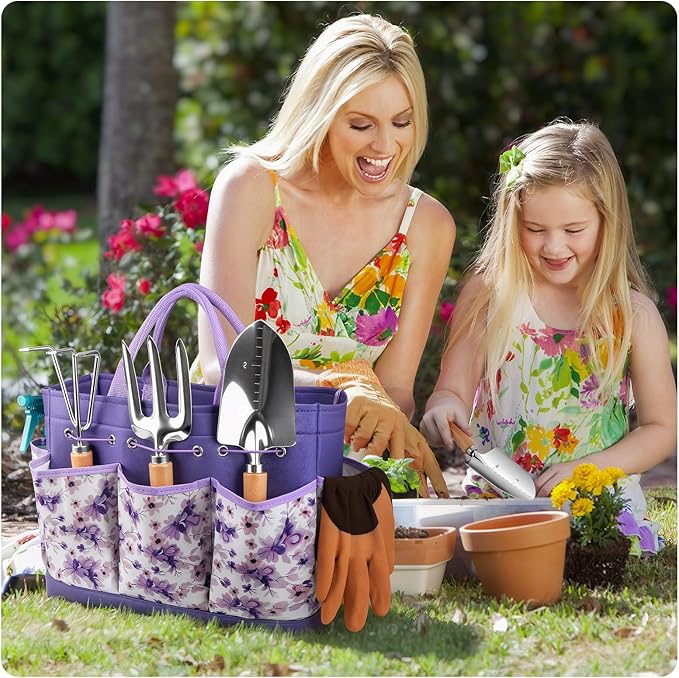 Gardening Tools 9-Piece Heavy Duty Garden Hand Tools with Fashion and Durable Garden Tools Organizer Handbag, Rust-Proof Garden Tool Set, Ideal Gardening Gifts for Women (Purple)