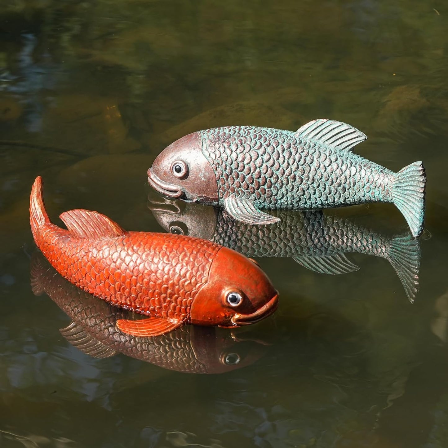 Koi Fish Decor, Set of 2 Antique Koi Garden Statues Art, Pond Accessories, Yard Pond Decor, Large Outdoor Garden Statues Ornaments, Real Fish Sculpture Art (10.8")