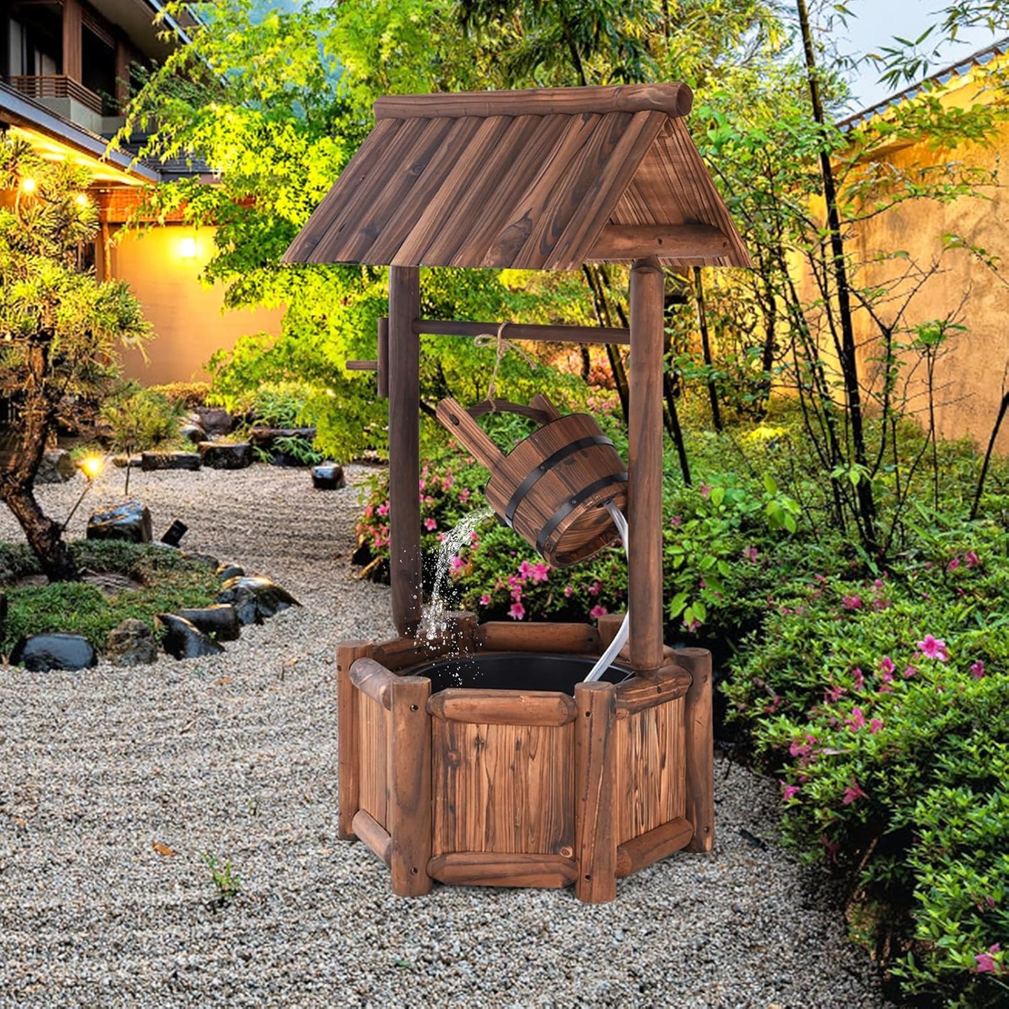 Tangkula Outdoor Wishing Well Water Fountain, Old-Fashioned Wood Waterfall Fountain w/Bucket Pump, Rustic Farmhouse Decoration for Garden, Backyard, 46 Inch Tall (20" x 23" x 46")