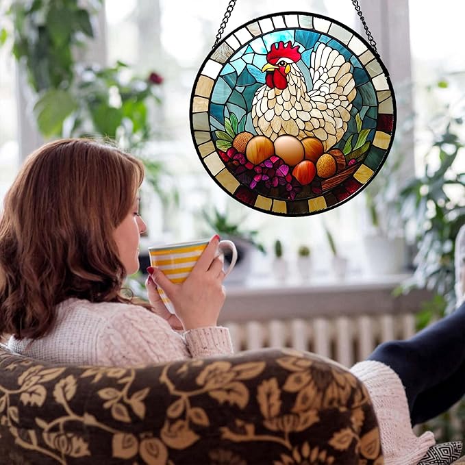 Stained Glass Window Hanging White Chicken Hatching Eggs Large 11.8" - Suncatcher Door Garden Sunroom Sun Catcher Home Decor Birthday Christmas for Mom Men Woman Nana