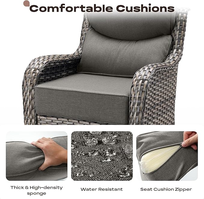 Rilyson 6 Piece Outdoor Patio Swivel Rocker Chairs, Waterproof Wicker, High Back, Deep Seating, Wide Armrest, Upgraded 6 inch Thick Cushions, Side Table, Ideal for Deck Porch Yard, Mixed Grey/Grey