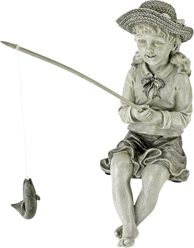 Design Toscano Big Catch Fisherwoman Nellie Girl with Fishing Pole Garden Statue, Small 11 Inch Tall, Cast Stone Resin, Two Tone Stone Finish