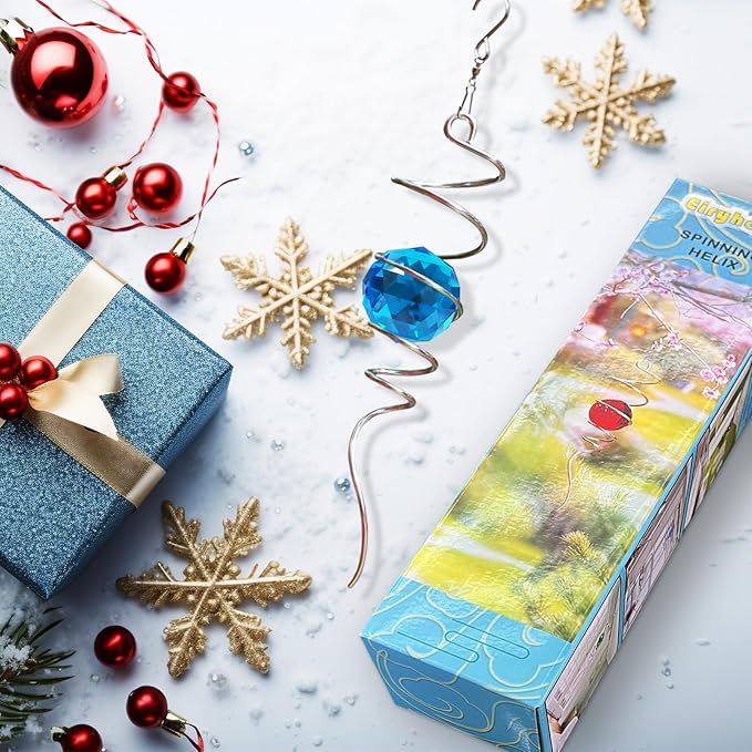 Gazing Ball Spiral Tail, Wind Spinner Spiral Peacock Blue Crystal Orb with Swivel Hook, Sun Catcher Rainbow Maker Hanging Decor for Yard Garden Rotating Art Ornaments Great Gifts 13" Height