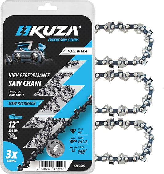 Dewalt Chainsaw Chain 12 Inch 3/8" LP Pitch, 043" Gauge, 45 Drive Links, German Steel, Low Kickback fits DEWALT: DCCS620B, DCCS620P1, DWO1DT612, HUSQVARNA, ECHO, MAKITA and more (3 Chains)