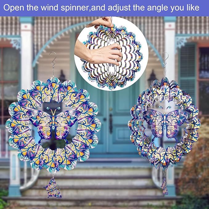 TUOKING Butterfly Wind Spinners Outdoor for Yard and Garden Decor 3D Hanging Wind Sculpture 12 Inch Stainless Steel Wind Spinner Decoration Worth Gift for Women