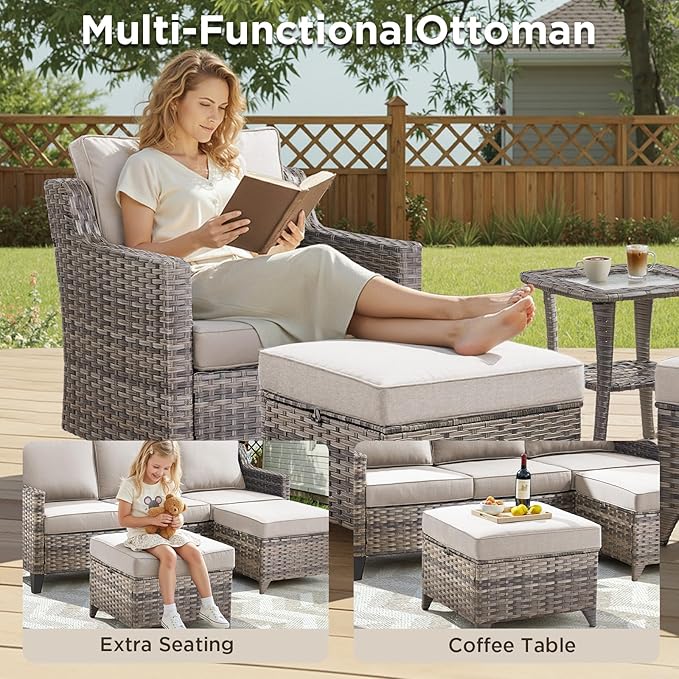 10 Piece Patio Furniture Set-High Back Outdoor Furniture Set Sectional Sofa with Wicker Swivel Patio Chairs,Comfy Cushions Ottomans for Porch Balcony Patio Deck Grey/Beige