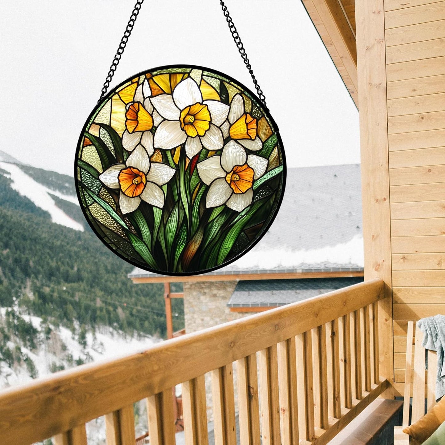 Stained Glass Window Hanging, Yellow and White Daffodils Sun Catcher for Door Home Decor Plants Flowers Suncatcher Christmas Mother's Day Birthday Gifts for Women Men Mom Nana 15 in