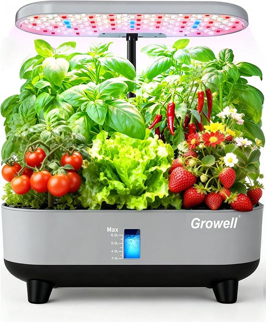 Hydroponics Growing System Kit, 16 Pods, Vertical 8L Indoor Gardening System for Herb Vegetable Fruit, with LED Grow Light, Smart Water Circulation, 3 Light Modes & 2 Timer, Gray